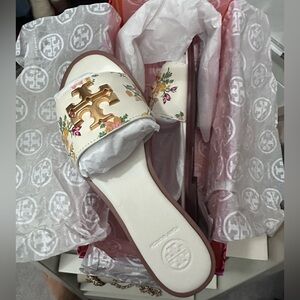Tory Burch Everly Cream and Gold Floral Sandals